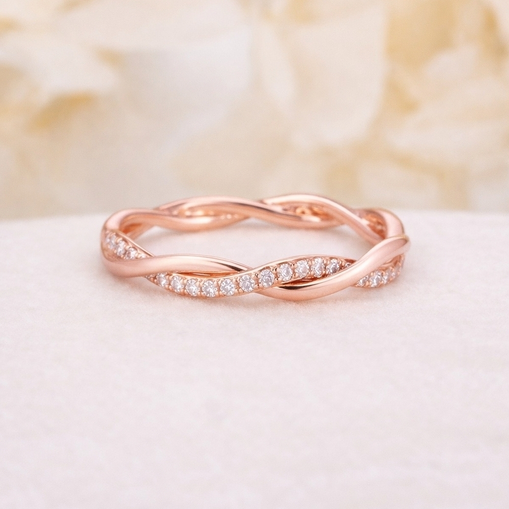 Dainty 14k Rose Gold and Simulated Diamond CZ Twist Ring